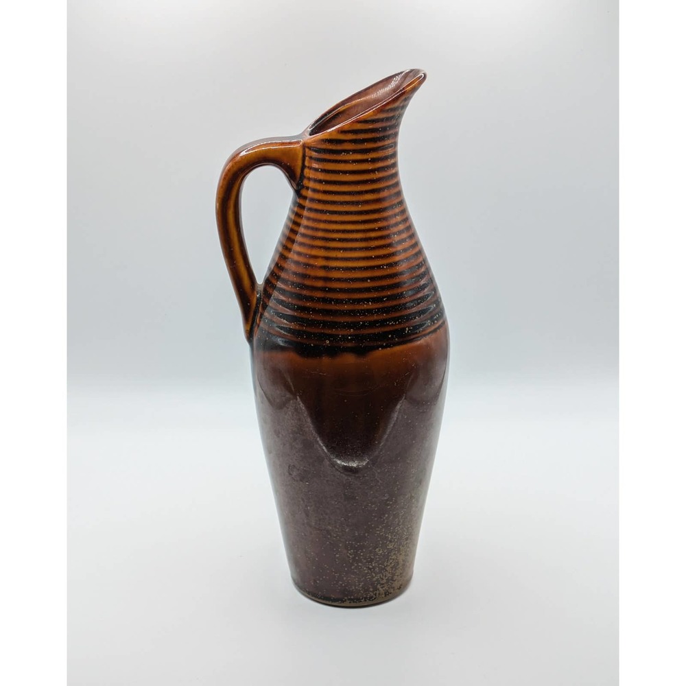 Elegant tall vintage Hosley Potteries pitcher ewer vase ridged brown